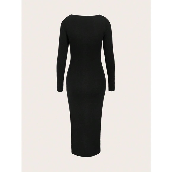 Minimalist Cotton Square Neck long sleeve Bodycon midi Dress - Picture 2 of 8